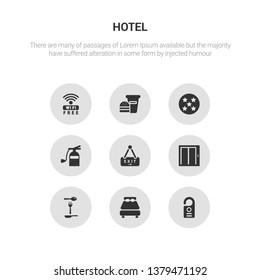 9 round vector icons such as door hanger, double bed, eating utensils, elevator, exit contains extinguisher, five stars, food, free wifi. door hanger, double bed, icon3_, gray hotel icons
