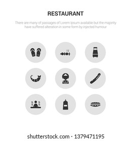 9 round vector icons such as sandwich, sauces, sauna, sausage, servant contains shrimp, single bed, skewer, slippers. sandwich, sauces, icon3_, gray restaurant icons