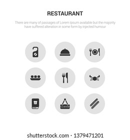 9 round vector icons such as cinnamon roll, closed, cookbook, crab, cutlery contains dim sum, dinner, dish, do not disturb. cinnamon roll, closed, icon3_, gray restaurant icons