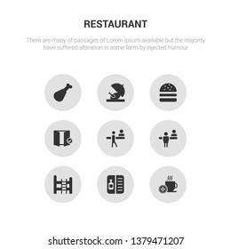 9 round vector icons such as breakfast, wine menu, bunk bed, check in, check out contains checkroom, cheese burger, chicken, chicken leg. breakfast, wine menu, icon3_, gray restaurant icons