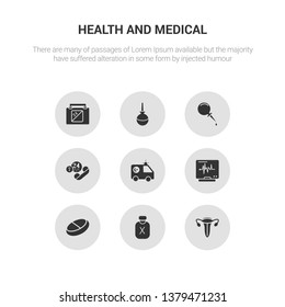 9 round vector icons such as x ray, breast pump, broken leg, caduceus, cardiogram contains condom, contraceptive pills, crutch, defibrillator. x ray, breast pump, icon3_, gray health and medical