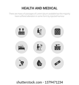 9 round vector icons such as band aid, ampoule, antibiotics, blood donation, blood drop contains blood pressure, pressure gauge, test, transfusion. band aid, ampoule, icon3_, gray health and medical