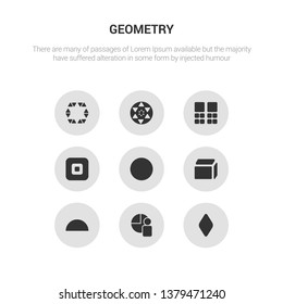 9 round vector icons such as rhombus, segment, semicircle, side to side of a cube, sphere contains square, squares, sri yantra, star in hexagon of small triangles. rhombus, segment, icon3_, gray