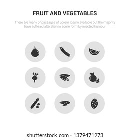 9 round vector icons such as strawberry, sweet potato, tamarind, tangerine, tuber contains turnip, watermelon, zucchini, quince. strawberry, sweet potato, icon3_, gray fruit and vegetables icons
