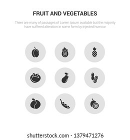9 round vector icons such as passion fruit, pea, peach, peanut, pear contains persimmon, pineapple, pitaya, plum. passion fruit, pea, icon3_, gray fruit and vegetables icons