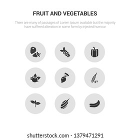 9 round vector icons such as banana, shallots, basil, beans, beet contains beetroot, bell pepper, berries, blackberry. banana, shallots, icon3_, gray fruit and vegetables icons