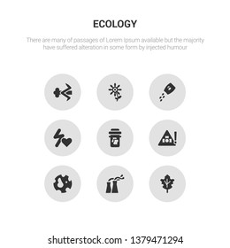 9 round vector icons such as leaf, nuclear plant, planet earth, radioactive, recycle contains renewable energy, seeds, sunflower, wind energy. leaf, nuclear plant, icon3_, gray ecology icons
