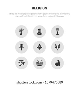 9 round vector icons such as easter bunny, easter eggs, eye of ra, faith, ganesha contains gnosticism, goblet, god, goddess. easter bunny, eggs, icon3_, gray religion icons