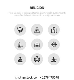 9 round vector icons such as zen, blasphemy, buddha, buddhism, calvary contains candle, candles, cao dai, christian. zen, blasphemy, icon3_, gray religion icons