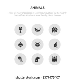 9 round vector icons such as hippopotamus, horse, jellyfish, kangaroo, koala contains ladybug, lion, lizard, llama. hippopotamus, horse, icon3_, gray animals icons