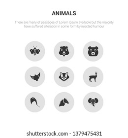 9 round vector icons such as elephant, alpaca, anteater, antelope, badger contains bat, bear, beaver, bee. elephant, alpaca, icon3_, gray animals icons