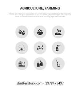 9 round vector icons such as sickle, silo, smart farm, sprayer, spring flower contains sprinkler, sprout, sugar, tomato. sickle, silo, icon3_, gray agriculture, farming icons