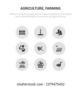 9 round vector icons such as duck, egg, farm, farm field, farm trailer contains farmer, farmer boots, farming fork, fence. duck, egg, icon3_, gray agriculture, farming icons