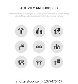 9 round vector icons such as crossword, dancing, dealer, dish washing, dominoes contains drawing, easel, eating, exercising. crossword, dancing, icon3_, gray activity and hobbies icons