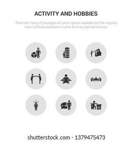 9 round vector icons such as lace making, language, listening music, mahjong, meditating contains meeting with a friend, mineral collecting, model building, modeling. lace making, language, icon3_,