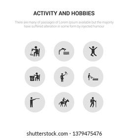 9 round vector icons such as hiking, horse riding, hunting, hydroponics, insect collecting contains jewelry making, jumping, jumping to the water, knitting. hiking, horse riding, icon3_, gray