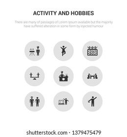 9 round vector icons such as acting, aquarium, arrest, baccarat, baking contains balancing, ball pit, ballerina, barbeque. acting, aquarium, icon3_, gray activity and hobbies icons