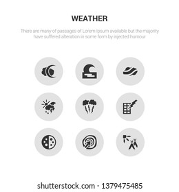 9 round vector icons such as indian summer, isobars, last quarter, light bolt, lightning contains meteorology, mist, moonrise, new moon. indian summer, isobars, icon3_, gray weather icons