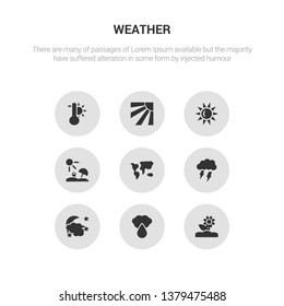 9 round vector icons such as spring, sprinkle weather, starry night, stormy, subtropical climate contains summer, sunny, sunshine, temperature. spring, sprinkle weather, icon3_, gray weather icons