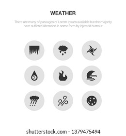 9 round vector icons such as full moon, gust, hailstorm, haze, hot contains humidity, hurricane, ice pellets, icicle. full moon, gust, icon3_, gray weather icons