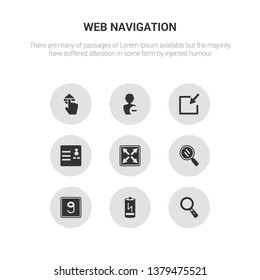 9 round vector icons such as loupe, low battery, lowercase, magnifying glass, maximize contains menu, minimize, minus, move. loupe, low battery, icon3_, gray web navigation icons