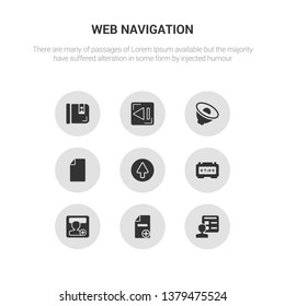 9 round vector icons such as account, add, add user, alarm clock, arrow contains attachment, audio, back, bookmark. account, add, icon3_, gray web navigation icons