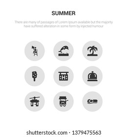 9 round vector icons such as flip flop, food stand, funicular, hotel bell, hotel hanging contains ice pop, island with palm trees, jumping dolphin, life guard. flip flop, food stand, icon3_, gray