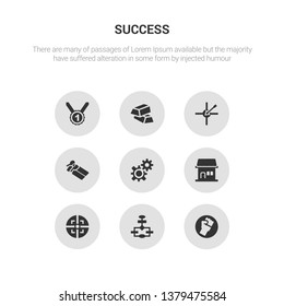 9 round vector icons such as fist, flowchart, focus, franchise, gears contains gift voucher, goal, gold ingots, gold medal. fist, flowchart, icon3_, gray success icons