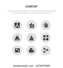 9 round vector icons such as procedure, profits, project, puzzle, pyramid chart contains quality, quick, rate, reaction. procedure, profits, icon3_, gray startup icons