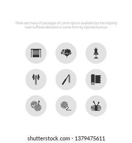 9 round vector icons such as wool ball, yarn, yarn ball, textile, crochet hook contains wire coil, hand craft, cotton reel, handloom. wool ball, yarn, icon3_, gray sew icons