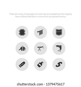 9 round vector icons such as french curve, glue, glue stick, hot glue, ironing board contains jacket, jeans pocket, knit, leather. french curve, icon3_, gray sew icons