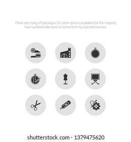 9 round vector icons such as crochet, cutter, cutting, drawing board, dummy contains embroidery, embroidery hoop, fabric, fabrics. crochet, cutter, icon3_, gray sew icons