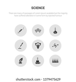 9 round vector icons such as tubes, volumetric flask, biology, cells, chemistry contains dropper, flask, formula, laser. tubes, volumetric flask, icon3_, gray science icons