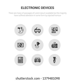 9 round vector icons such as blender, boombox, calculator, camera, charger contains compact disc, computer, digital clock, earphones. blender, boombox, icon3_, gray electronic devices icons