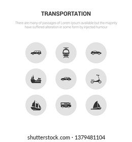 9 round vector icons such as sailboat, school bus, schooner, scooter, sedan contains ship, sport car, subway, suv. sailboat, school bus, icon3_, gray transportation icons