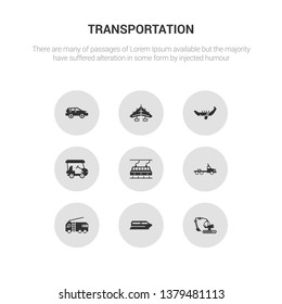 9 round vector icons such as excavators, ferry boat, fire truck, flatbed lorry, funicular railway contains golf cart, gondola, hang glider, hatchback. excavators, ferry boat, icon3_, gray