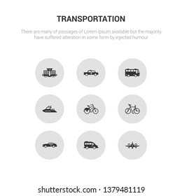 9 round vector icons such as aeroplane, airport shuttle, automobile, bicycle, bike contains boat, bus, cab, caboose. aeroplane, airport shuttle, icon3_, gray transportation icons