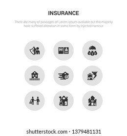 9 round vector icons such as house insurance for storms, house on fire, insurance agent, insurance for home of tornado, of a shield with dollar contains inundation, investment license, life house