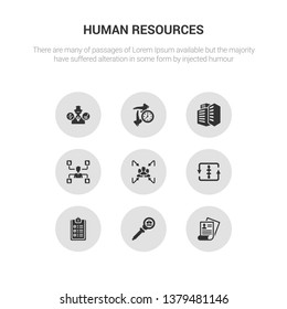 9 round vector icons such as job application, job search, list, loop, meeting point contains multitask, office building, out of time, pension. job application, search, icon3_, gray human resources