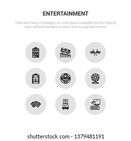 9 round vector icons such as pc game, pinball, playing cards, poker, poker chip contains puppet show, racing, roller coaster, score. pc game, pinball, icon3_, gray entertainment icons