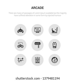 9 round vector icons such as eight ball, ferris wheel, foosball, gambling, game console contains game controller, game machine, over, gamepad. eight ball, ferris wheel, icon3_, gray arcade icons