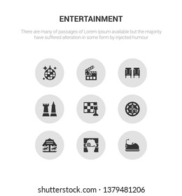 9 round vector icons such as bumper car, voice acting, carousel, casino, chess contains chess piece, cinema seat, clapboard, club. bumper car, voice acting, icon3_, gray entertainment icons