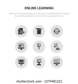 9 round vector icons such as online education, online learning, online library, test, training contains paleontology, paper, parchment, pdf. education, learning, icon3_, gray learning icons