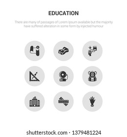 9 round vector icons such as raise hand, ruler, school, school bag, school bell contains material, self-learning, sharpener, sheet. raise hand, ruler, icon3_, gray education icons