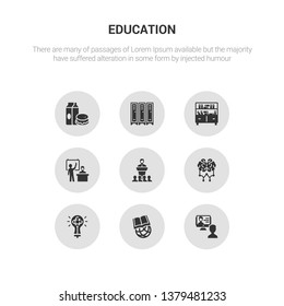 9 round vector icons such as interactive course, international, knowledge, learning, lecture contains lesson, library, lockers, lunch. interactive course, international, icon3_, gray education icons
