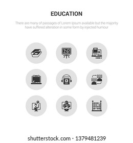 9 round vector icons such as abacus, abc, ask, asynchronous learning, audiobook contains blackboard, blended learning, board, book. abacus, abc, icon3_, gray education icons