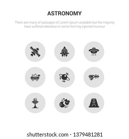 9 Round Vector Icons Such As Space Capsule, Space Collision, Space Colony, Gun, Junk Contains Robot, Ship, Shuttle, Station. Capsule, Collision, Icon3_, Gray Astronomy Icons