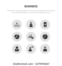 9 round vector icons such as business skills, businessman analysis, businesswoman, chart pie, charts contains circular chart, circular graphic of mobile, conference, connected data. business skills,