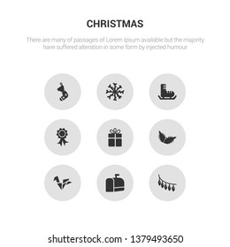 9 round vector icons such as christmas lights, christmas mail box, christmas origami, peppermint, present contains ribbon, shoe, snowflake, sock. lights, mail box, icon3_, gray icons