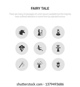 9 round vector icons such as king, magic, magic wand, magician, mermaid contains pirate, princess, queen, unicorn. king, magic, icon3_, gray fairy tale icons